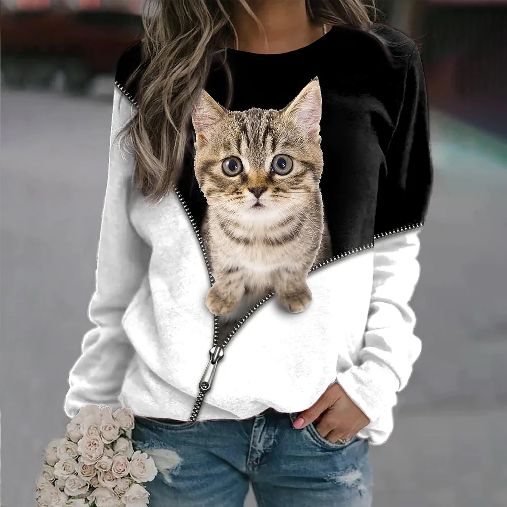 2023 New Women's Sweater Puppy T Shirt For Girl Fashion Kitten Pullover O Neck Oversized Long Sleeve Tees Female Daily T-shirt