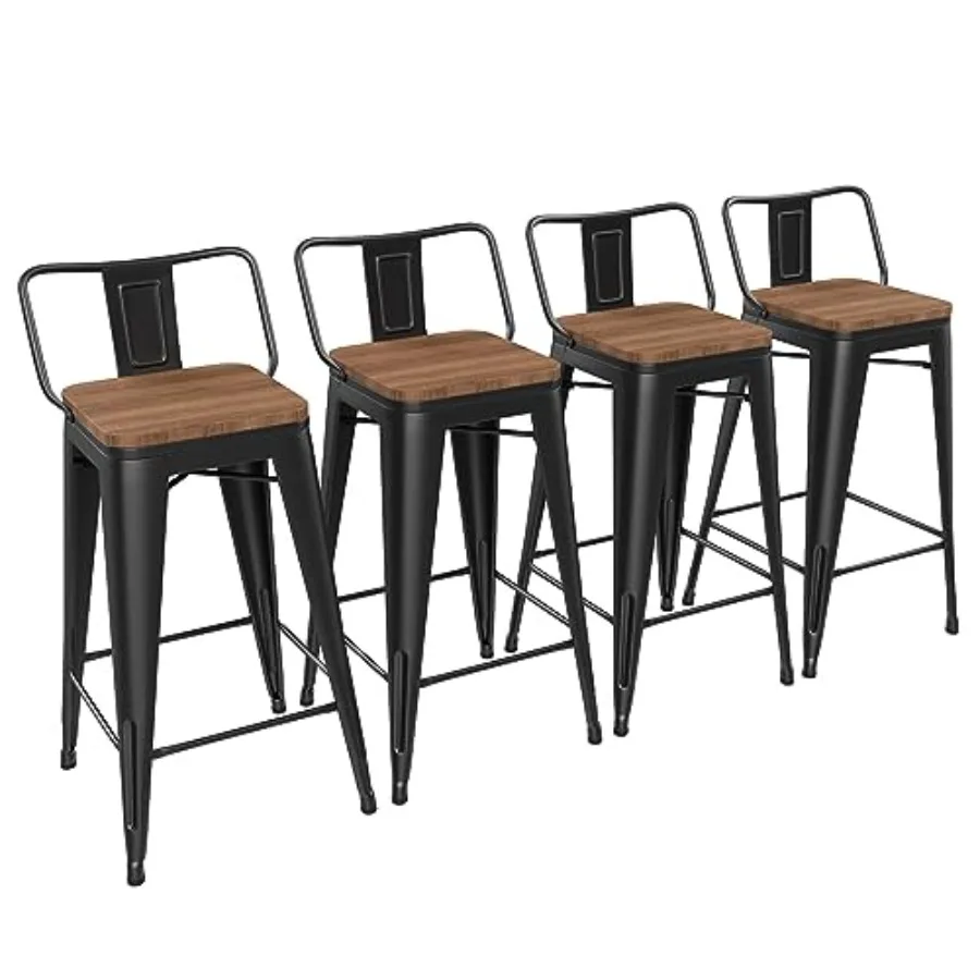 

24 Metal Barstools Set of 4 Counter Bar Stools with Wood Top Low Back Matte Black