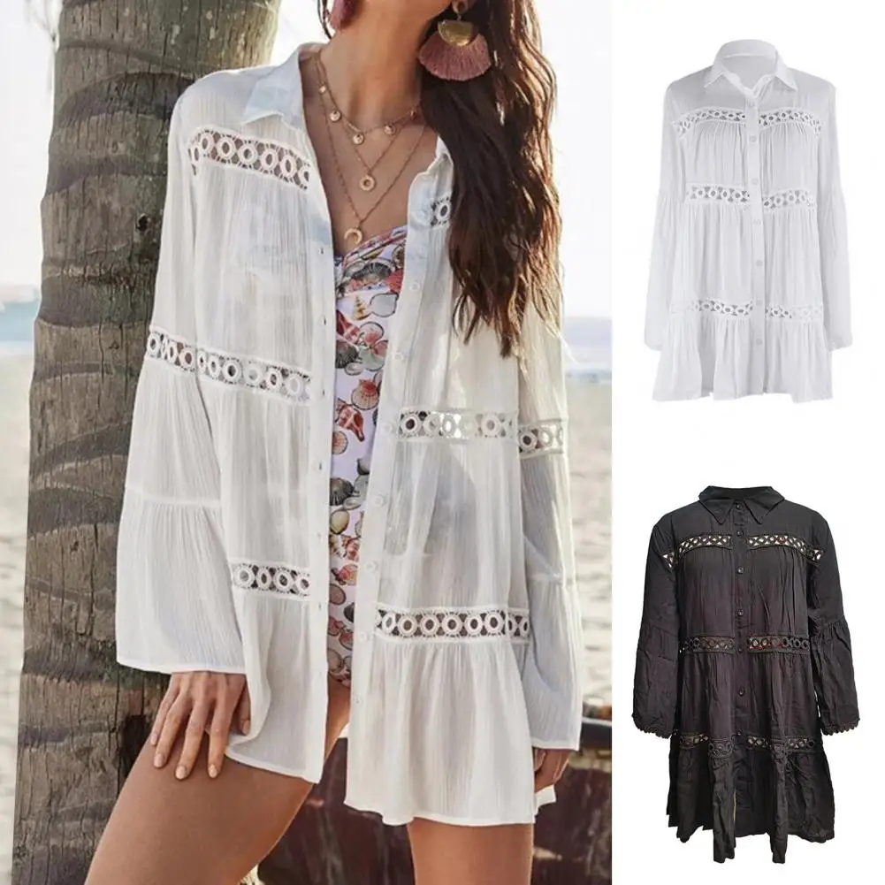 Camicia copricostume stile fidanzato elegante copricostume da spiaggia con design svasato a maniche lunghe scavato per donna di media lunghezza