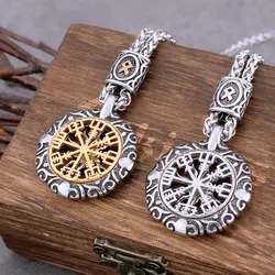 Original Viking Compass Necklace Vintage Stainless Steel Rune Amulet Punk Style Men Women Fashion Mixed Gold Color Pendant