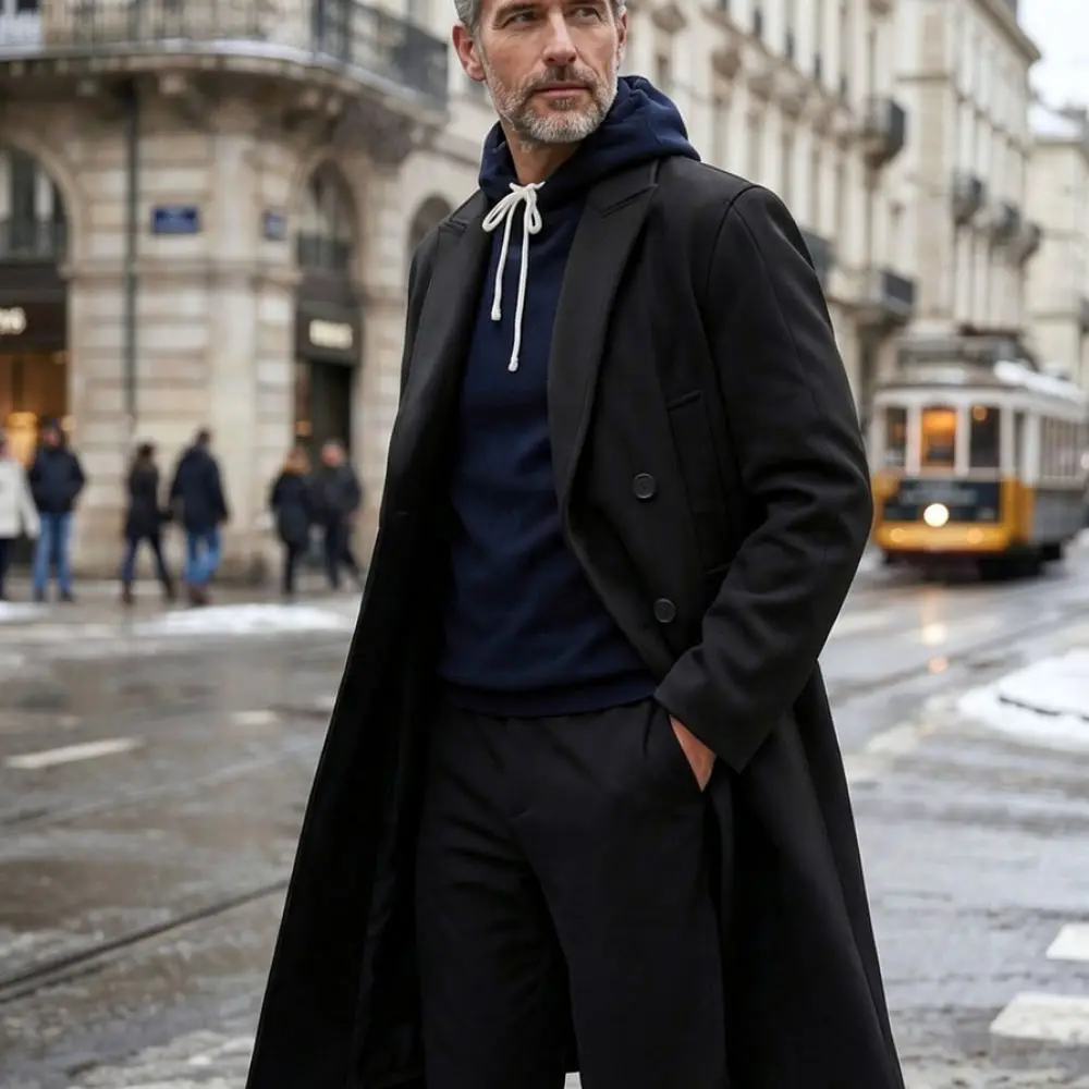 Winter Wool Trench Coat Mens Double Breasted Lapel Mid Length Overcoat Slim Fit Casual Business Warm Jacket
