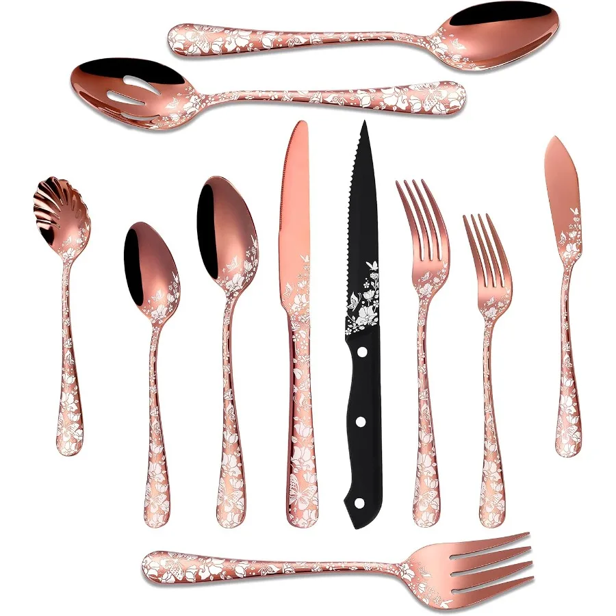 

53Piece Copper Silverware Set with Serving Utensils for 8 Stainless Steel Rose Gold Flatware Cutlery Set Mirror Eating Utensils