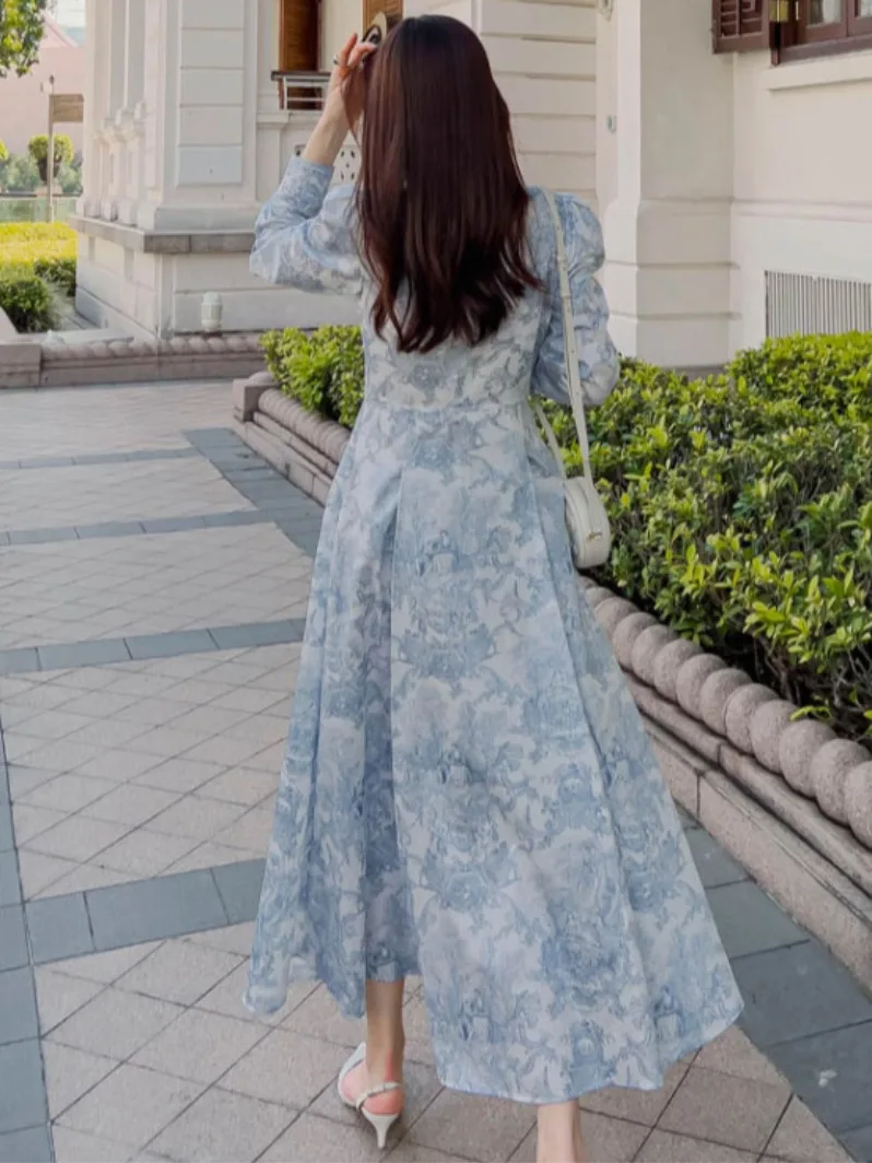 Ele rétro Long Sve Dr avec ceinture taille et col chiffre d'affaires conception de peinture à l'encre traditionnelle chinoise Faion pour femmes