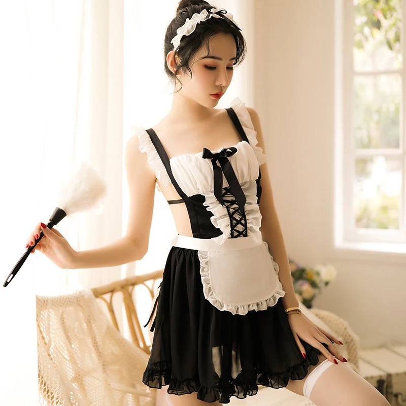 

Sexy Girl French Maid Apron Dress Outfits Kitchen Home Cleaning Women Lolita Servant Cosplay Pinafore Bar Nightclub Waitress Bib