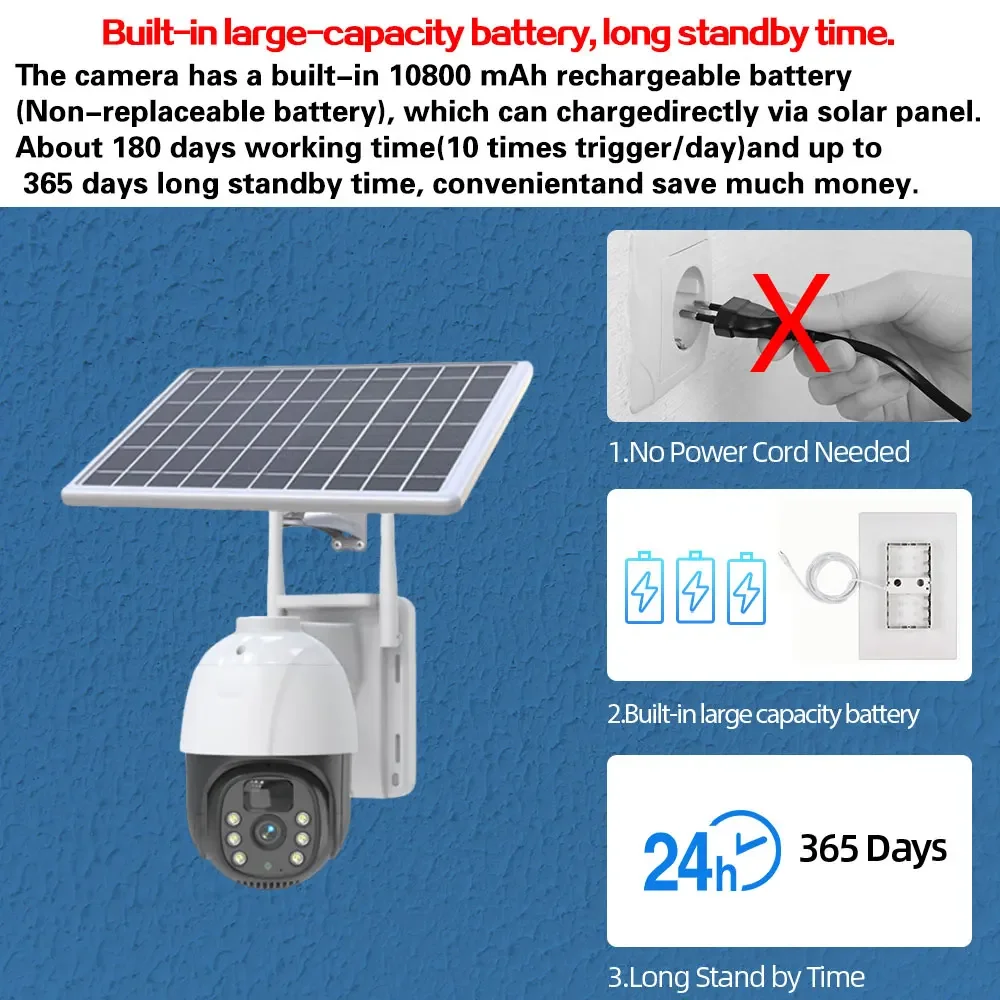 5MP 4G Solar Wireless PTZ IP Security Camera Auto Tracking Outdoor Battery Powered CCTV Video Surveillance Camera 2 Way Audio