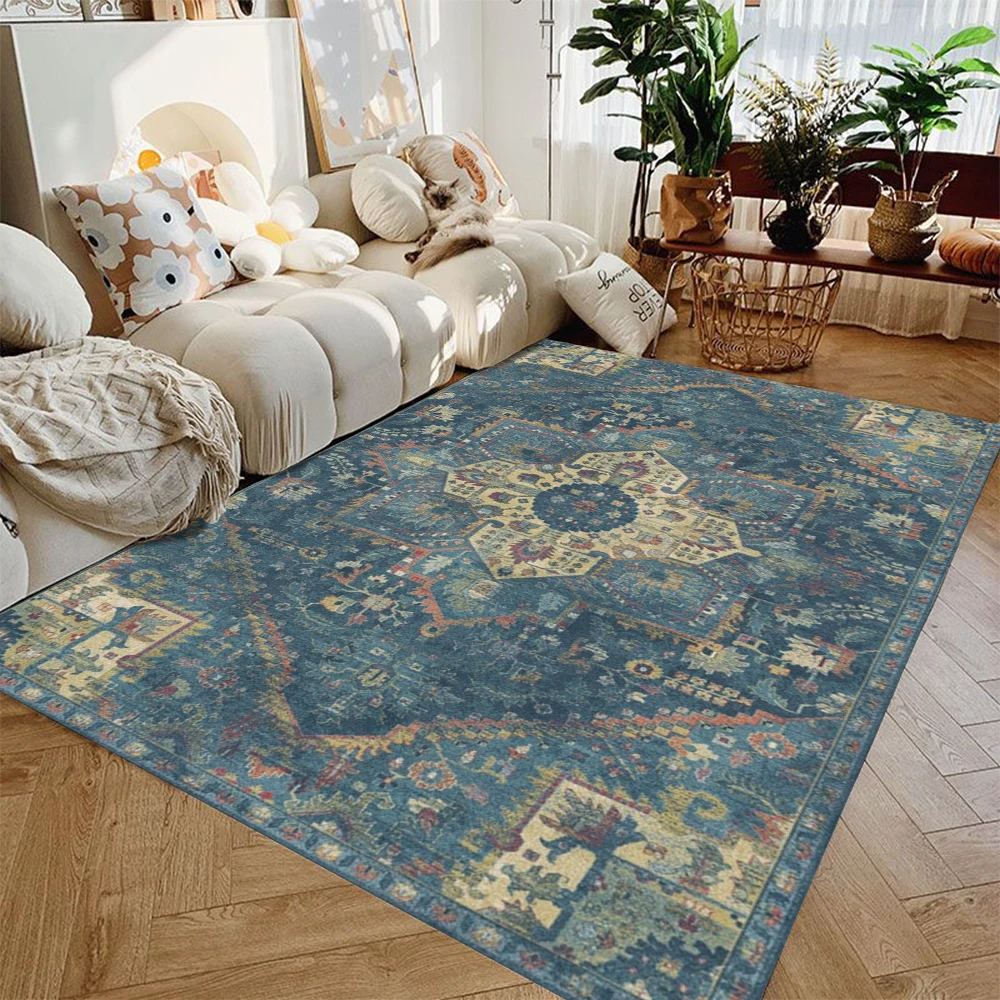 Blue Bohemian Style Rug Washable Living Room Carpet Ethnic Style Bedroom Kitchen Floor Mat Non Slip Coffee Table Mat Popular Rug