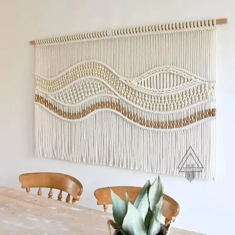 Living Room Sofa Bedside Decorative Tapestry Handwoven Wooden Bead Wave Wall Hanging Room Divider Door Curtain