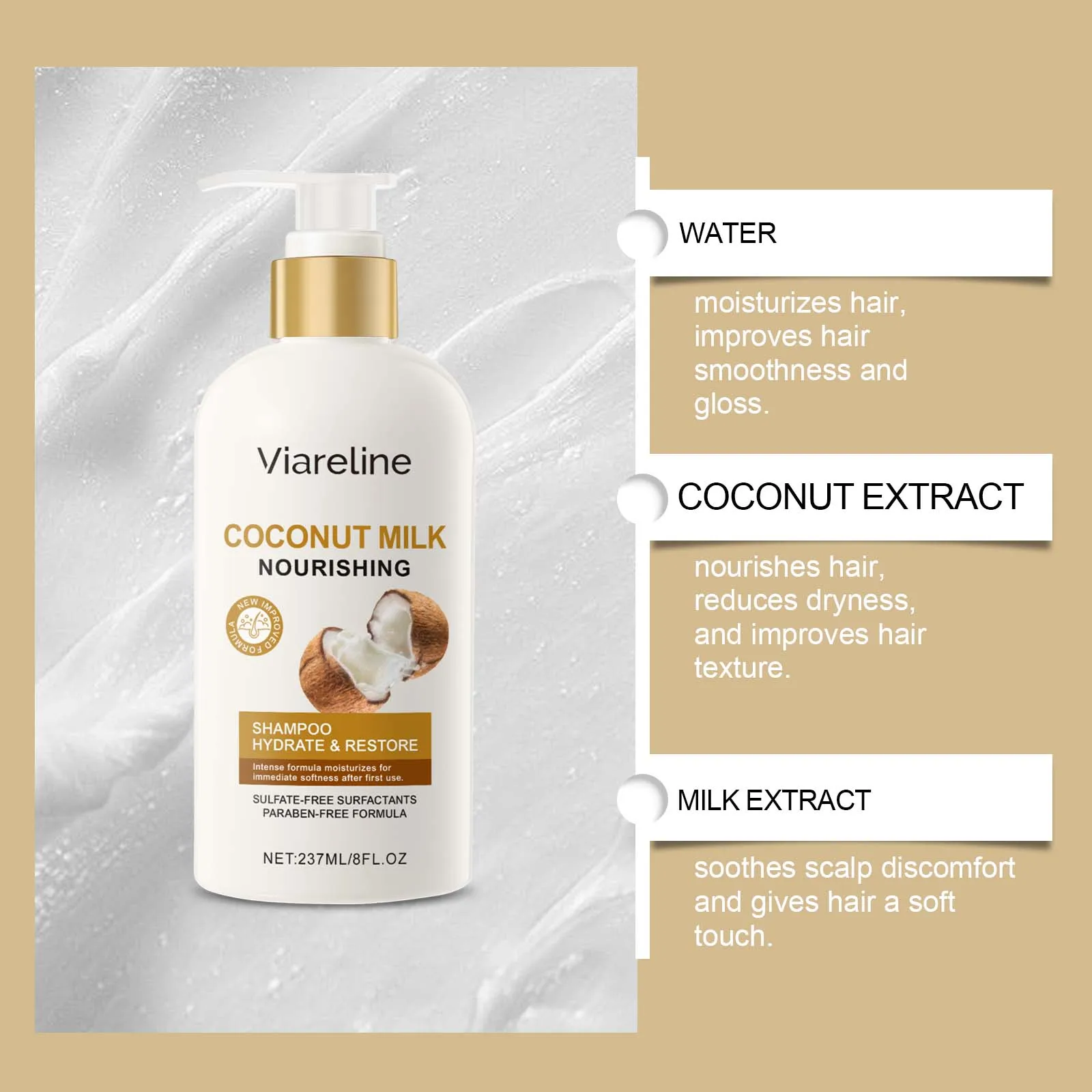 شامبو حليب جوز الهند، تنظيف الشعر بلطف، زيت التحكم في القشرة، يقلل من تساقط الشعر، ويثبت جذور الشعر، شامبو ناعم منفوش #4