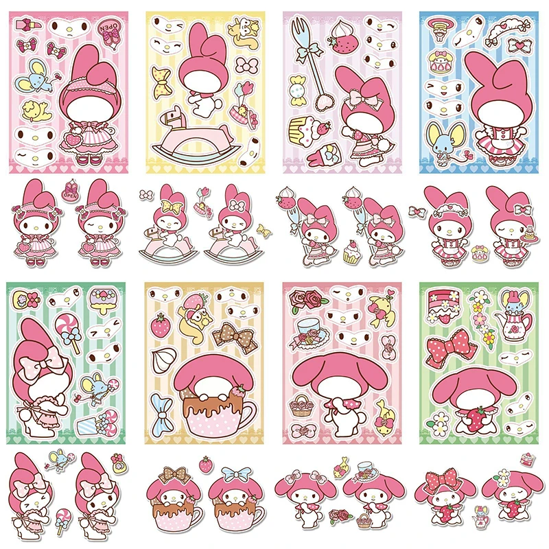 8 Sheets Sanrio Mymelody Make A Face Puzzle Stickers Diy Kawaii Cup Phone Case Storage Box Diary Decoration Stickers Toys Girls