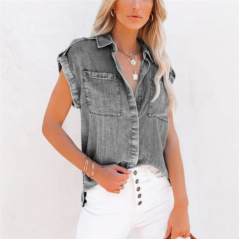 Woman Casual Blue Loose Denim Tank 2023 Summer Female Basic Single Breasted Tanks Girls High Street Pocket Tanks