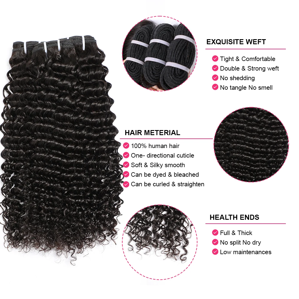 Alibele 딥 웨이브 인간의 머리카락 번들 더블 위브 위브 번들 15A 곱슬 버진 헤어 익스텐션 자연 블랙 1/3/4 Pcs 12-32Inch