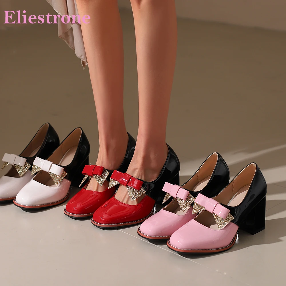 

Autumn Glossy Red Women Pumps 8cm High Chunky Heels Oversize Lady Party Shoes Small Large Plus Size 11 33 44 48