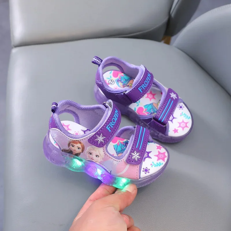 Disney Summer Girls Fashion Frozen Elsa Princess Led Light Up Luminous Sports Sandals Kids Non-slip Outdoor Sandals Toddler Shoe