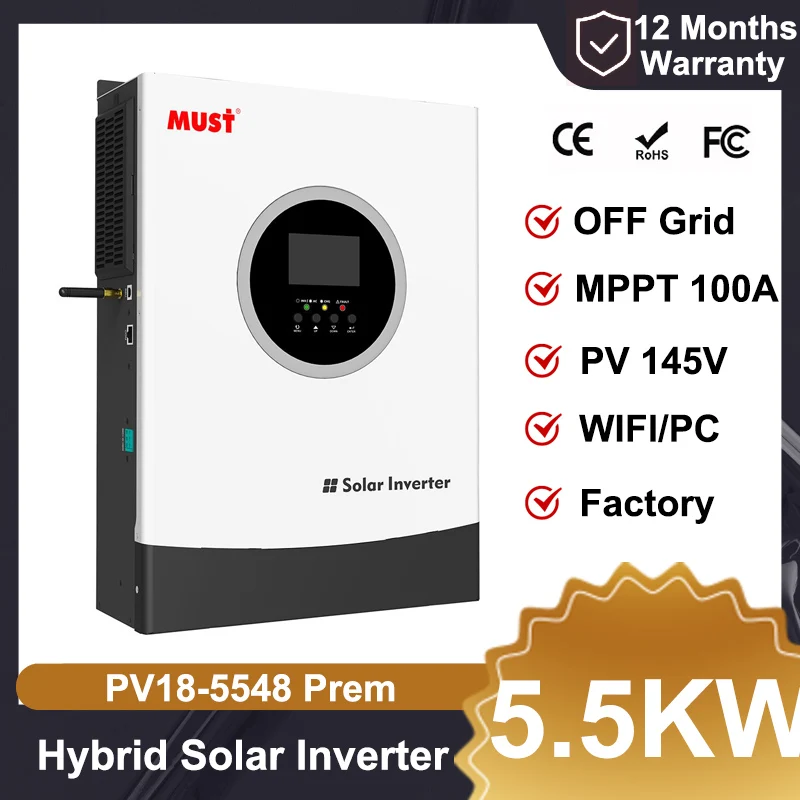 MUST PV1800 Prem 3.5KW 24V 5.5KW 48V MPPT 100A inversor Solar híbrido incorporado Monitor WIFI PV 450V sistema Solar fuera de la red