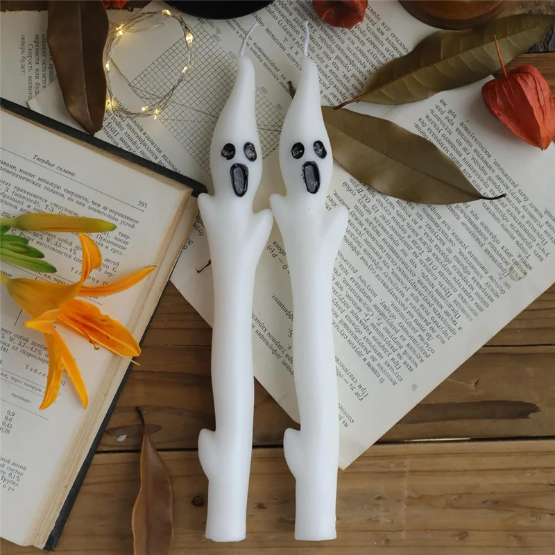 B08B-Decorios de Halloween, velas fantasma espeluznantes de 9,8 ", 2 velas cónicas para interiores, decoración de mesa para fiesta y hogar