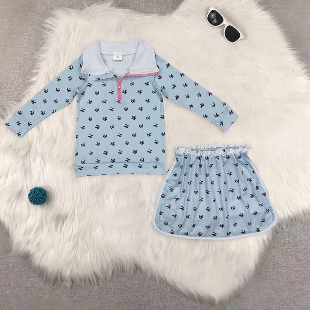 

Baby Girls Blue Flowers Zip Top Ruffle Skort Short Clothes Sets