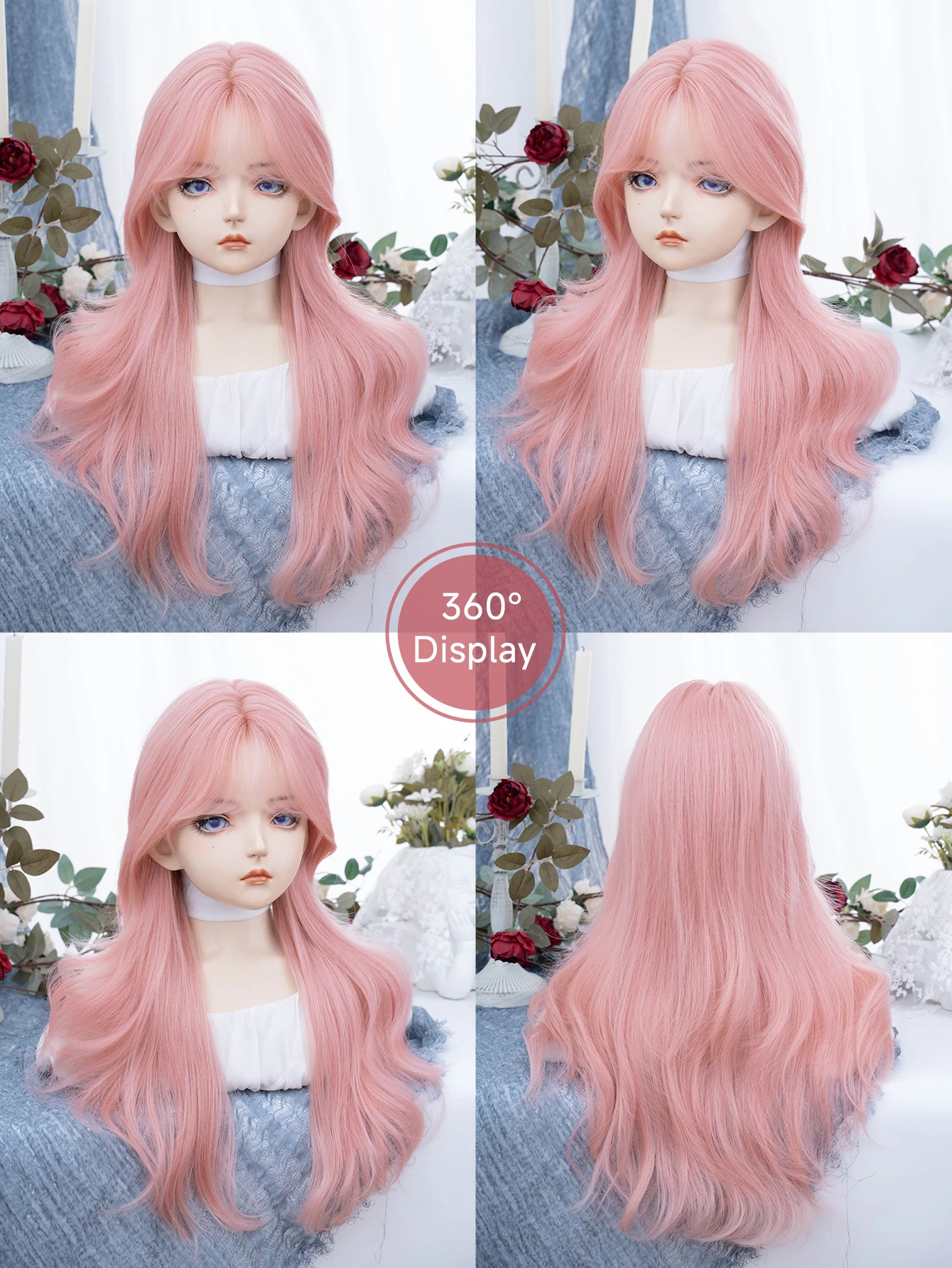 26 Polegada lolita estilo sakura cor rosa perucas sintéticas parte média longo ondulado peruca de cabelo para uso diário feminino cosplay resistente ao calor