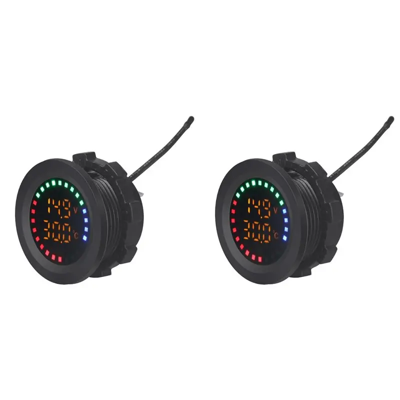 Efficientt-2X 12-24V Car Round Color Screen Temperature Voltmeter Auto Voltage Test Dual Display Digital Measurement