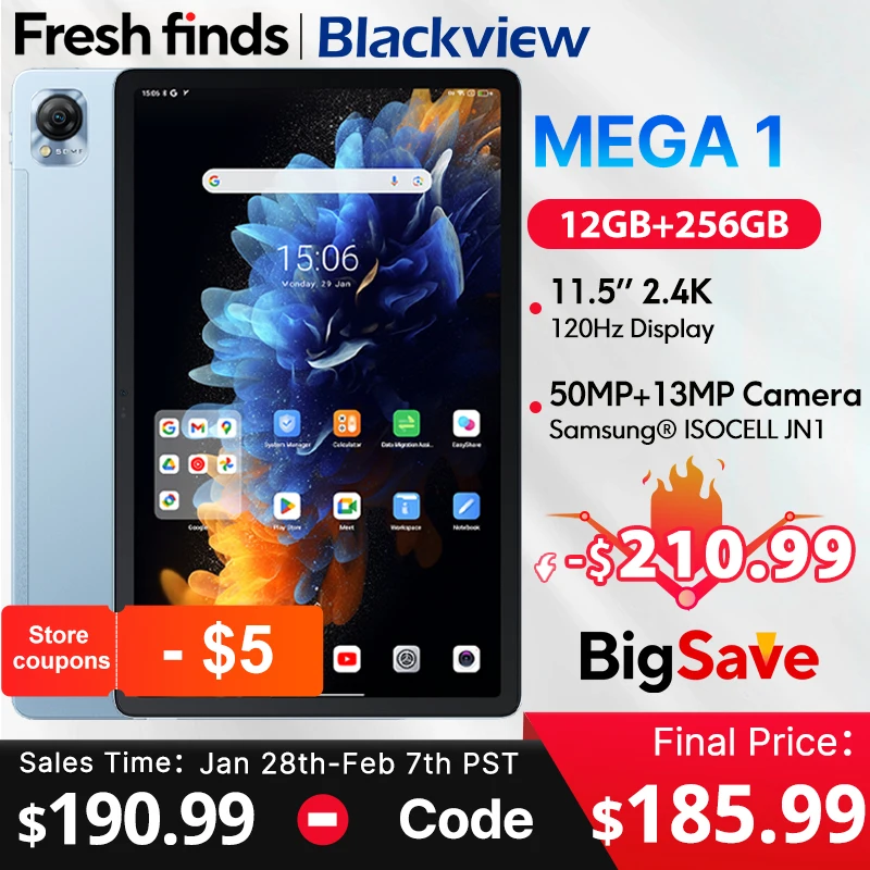 Blackview MEGA 1 แท็บเล็ต 11.5 "2.4K 120Hz 50MP กล้อง 12GB 256GB 8800mAh แบตเตอรี่ 33W ชาร์จ Widevine L1 Android Pad PC