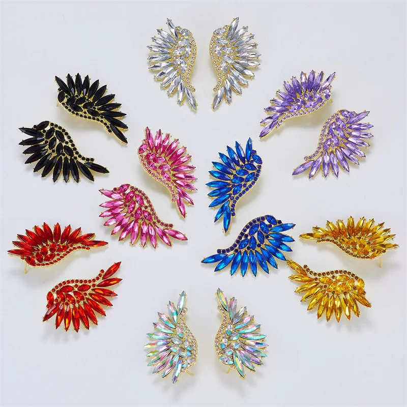 Lnlaid Colorful Rhinestone Left And Right Symmetrical Angel Wings Earrings European and American Style Fashion Earrings