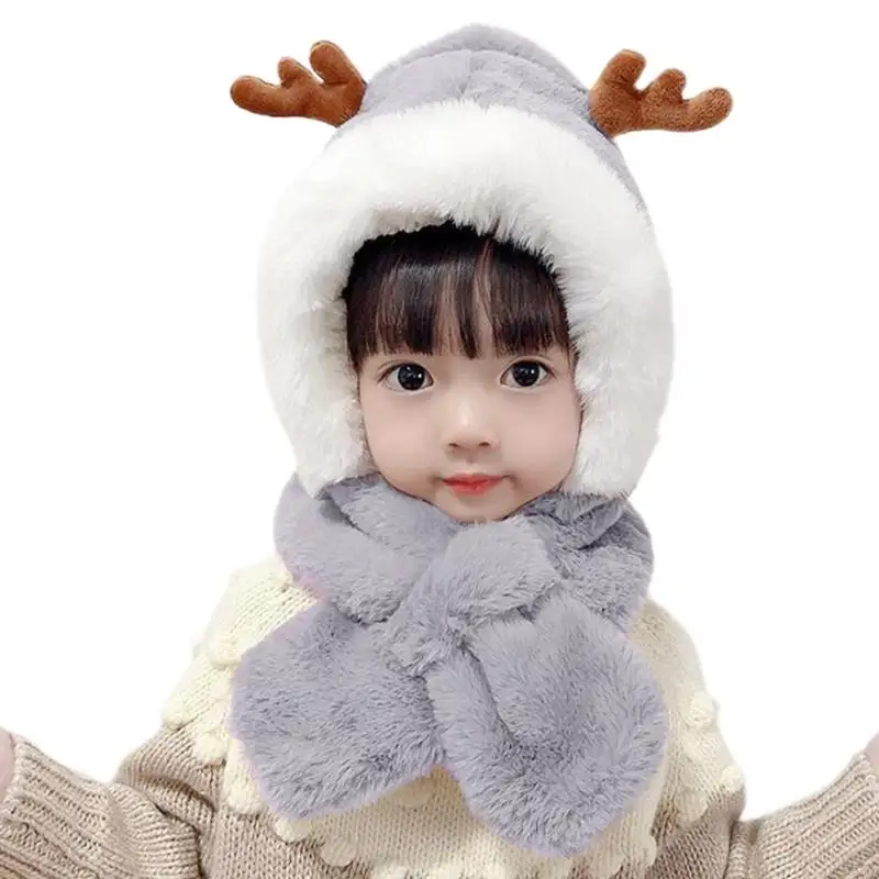 P88A Antler Scarf One-piece Hat Multi-functional Ear Caps Super Soft Scarf Hat Combo Baby Windproof Cold-proof