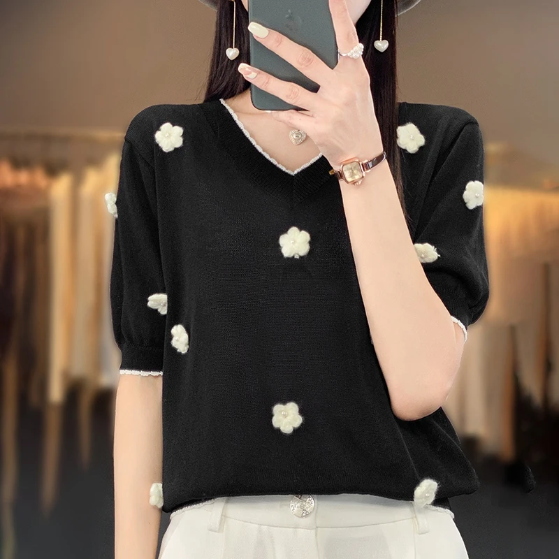 

Summer New Design Unique and Unique Ice Silk Short Sleeve Women's Knitted T-shirt Thin Small Fragrance Loose Versatile Top