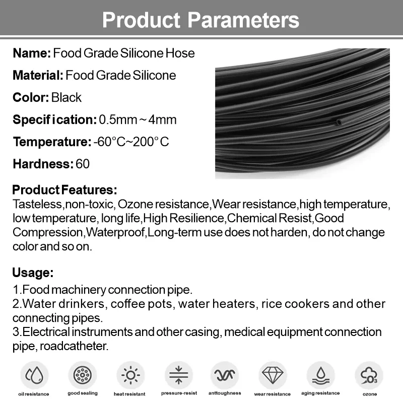 2/5M Food Grade Black Silicone Rubber Hose ID 0.5 0.6 0.7 0.8 0.9 1 1.2 1.3 1.4 2 3 4 5 6 mm Flexible Nontoxic Silicone Tube
