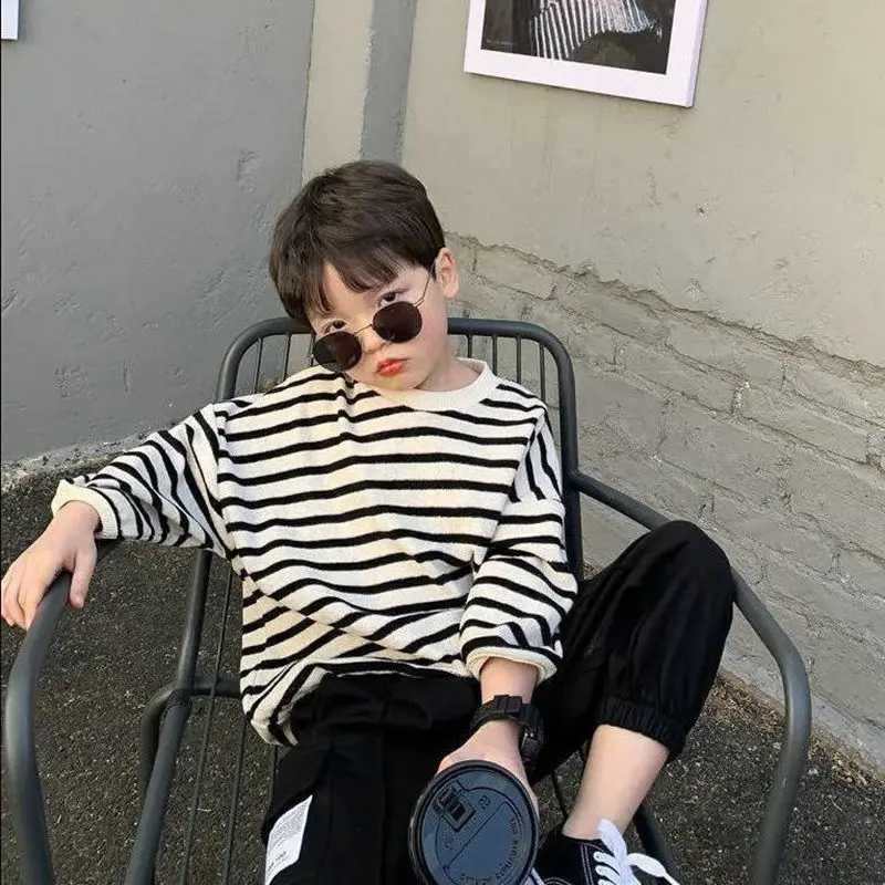 

Striped Long-sleeve T-shirt Elementary Student Men's Clothes 2025 Children's Clothing Korean Boys Tshirt Wear Kids Spring Autumn