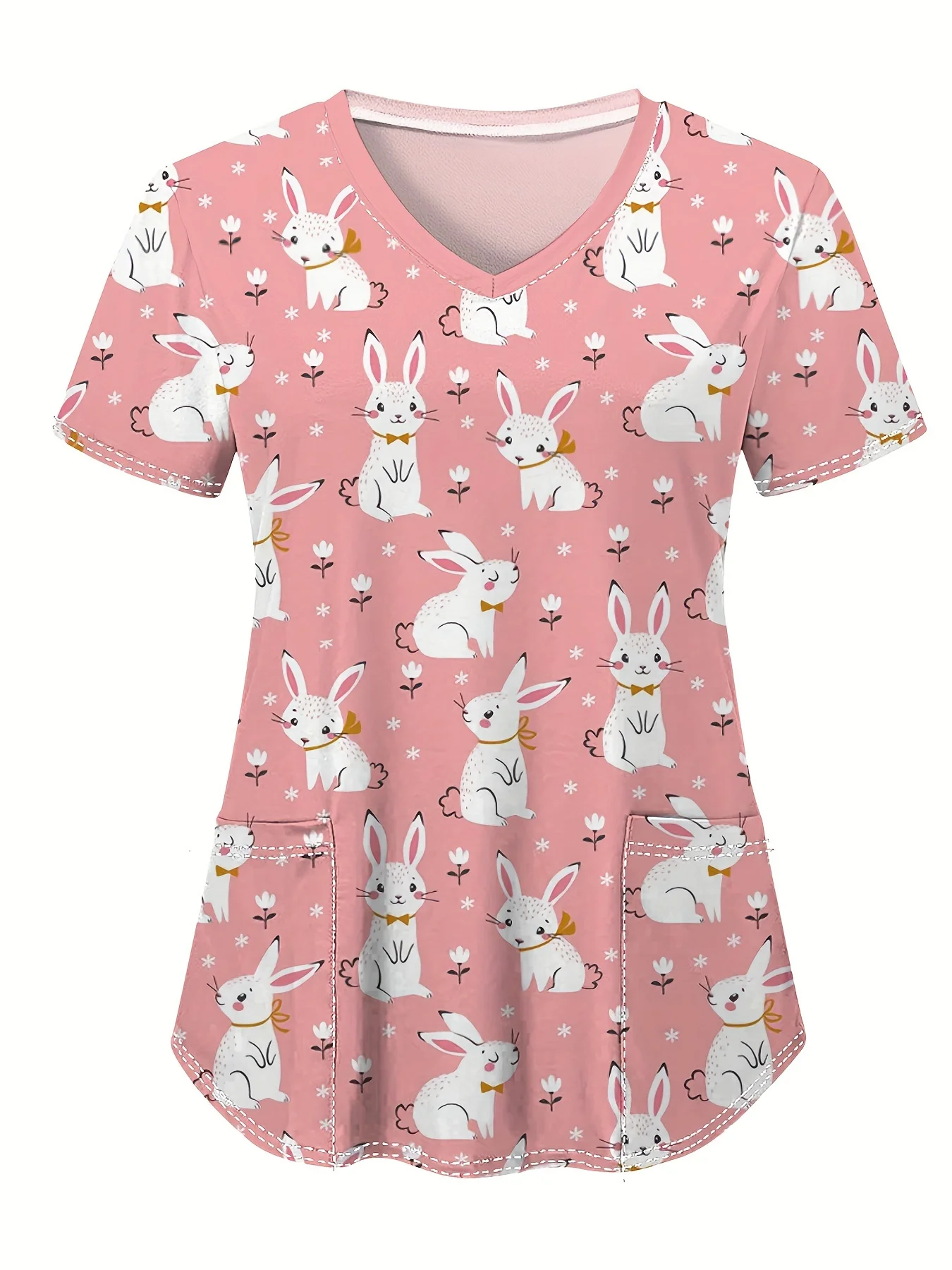 

Scrubs Medical Uniforms Woman Cute Bunny Print Scrub Tops V-Neck Short Sleeve Functional Patch Pocket Surgical Uniforms Woman