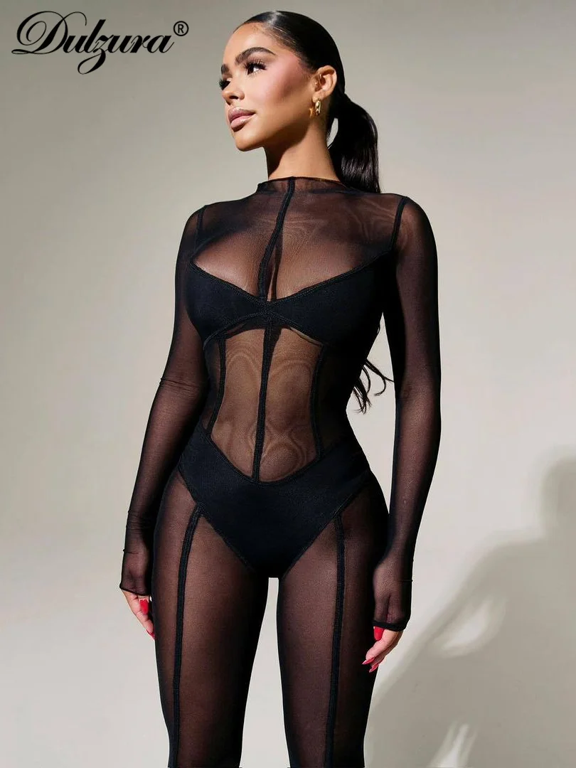 Dulzura Solid Mesh Long Sleeve O-Neck Jumpsuit See Through 2023 Summer For Women Sexy Y2K Birthday Evening Clubwear Sheath