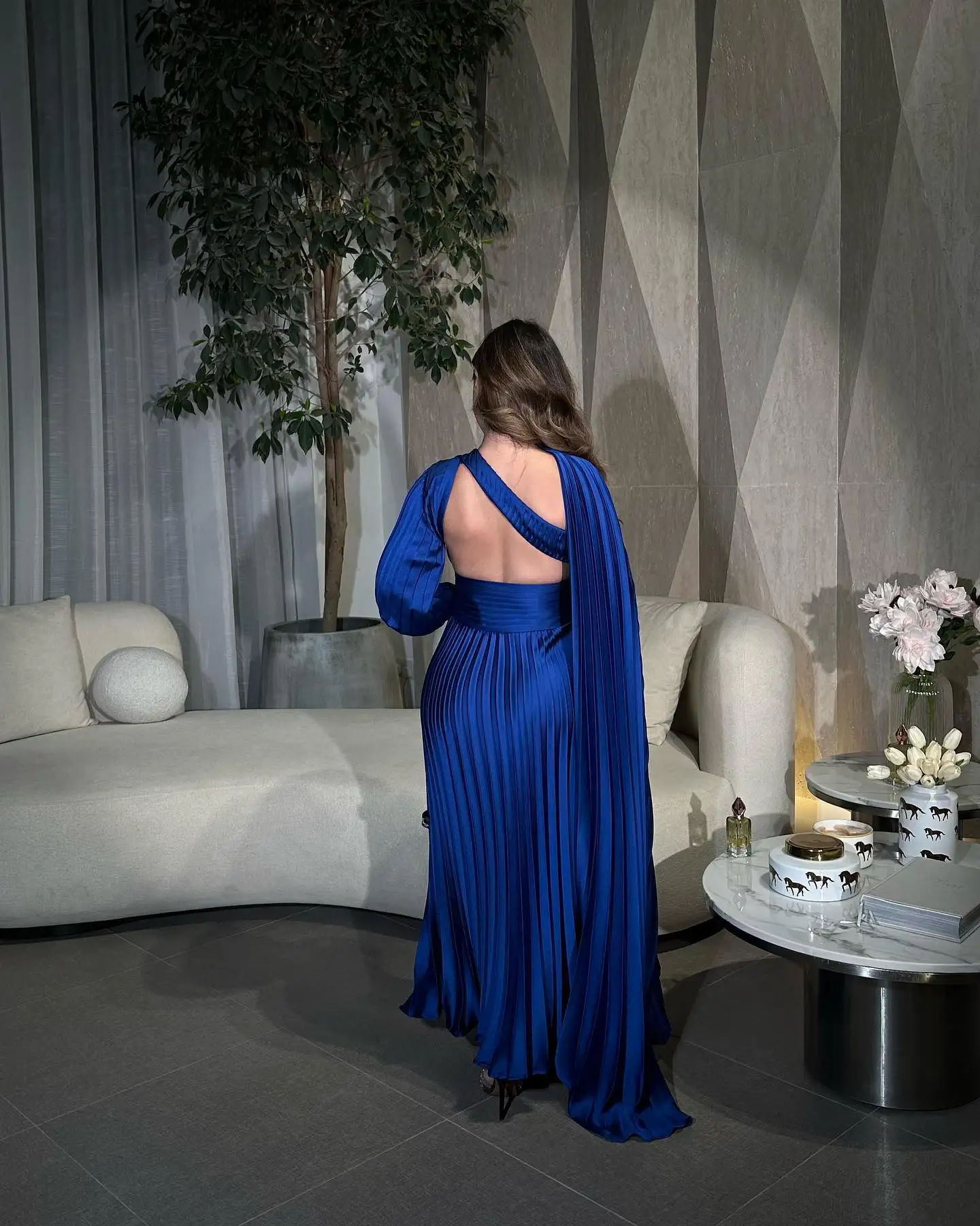 

Sexy Satin Backless One Shoulder Boat Neck Long Sleeve Floor Length Mermaid Evening Dresses for Women فساتين للحفلات الراقصة