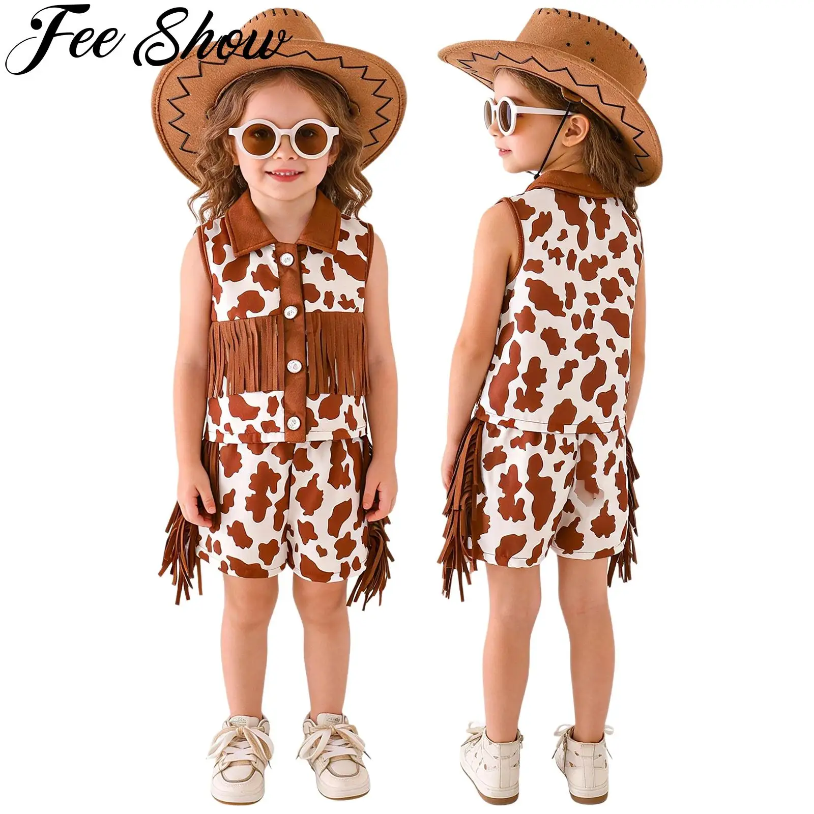 

Little Girls Western Cowgirl Outfits Cow Printed Sleeveless Button Vest And Fringe Shorts Children Cowboy Theme Party Costume