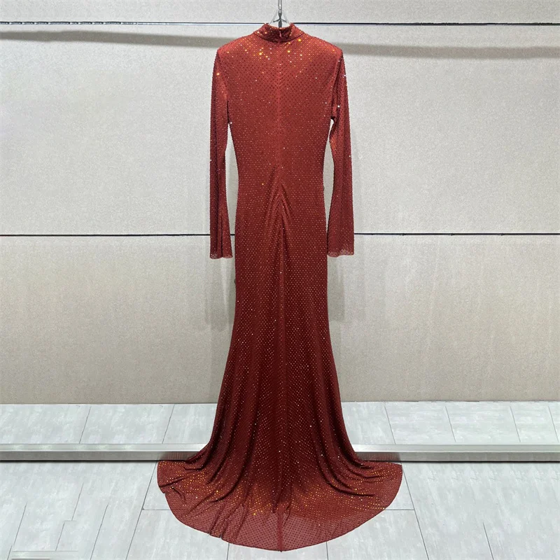 فستان نسائي شتاء 2025 جديد مرن بقصة ضيقة نصف رقبة عالية فساتين طويلة متألقة من حجر الراين فساتين الحفلات فساتين السهرة #2