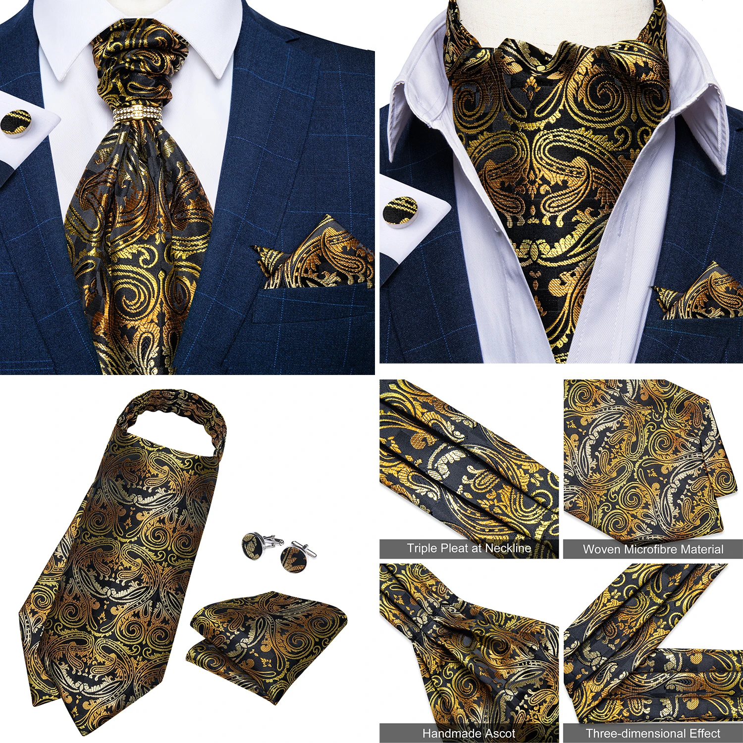 Luxury Men Green Blue Paisley Ascot Tie Set Solid Necktie Ring Wedding Party Cravat Purple Ties Pocket Sqaure Cufflink Free Ship