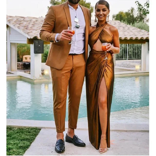 Arrival Chic Gold Couple Outfit Men Suit Wedding Groom Tuxedos One Button Formal Evening Prom Terno Masculino Blazer+Pant