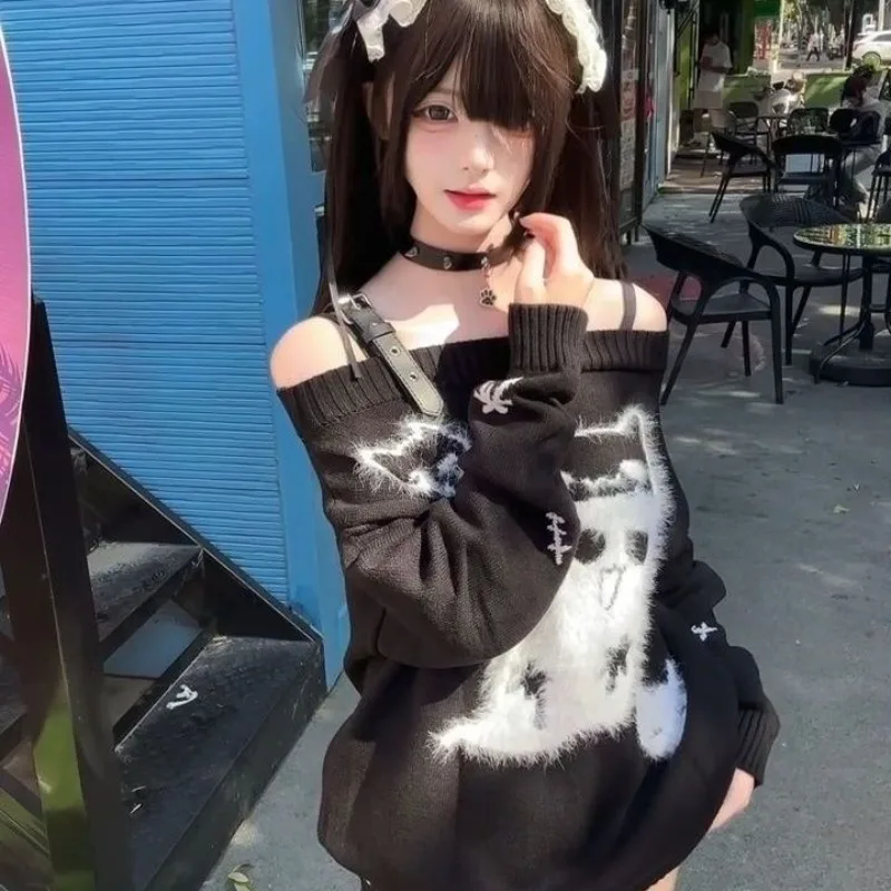 Y2K Japanese Harajuku Kawaii Women Off-Shoulder Sweater Pattern Print Long Sleeve Casual Punk Style Pullover Spring Autumn