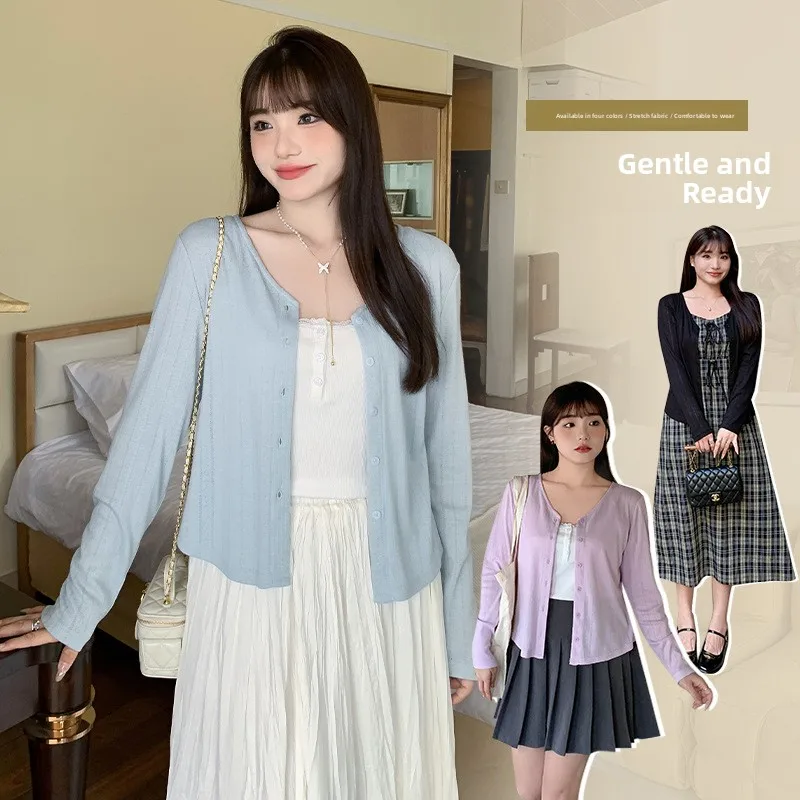 

Spring Thin Hollow out Pure Color V-Ne Women's plus Size Knitted Air Conditioning Open Cardigan Outerwear Long Cotton