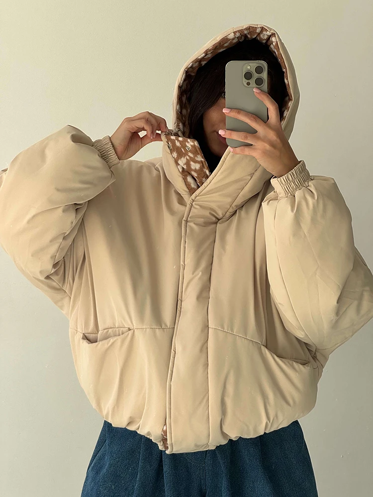 Fashion Deer Print Reversible Cotton Coat Casual Hooded Long Sleeve Oversized Warm Jacket Lady Winter Chic High Street Outerwear