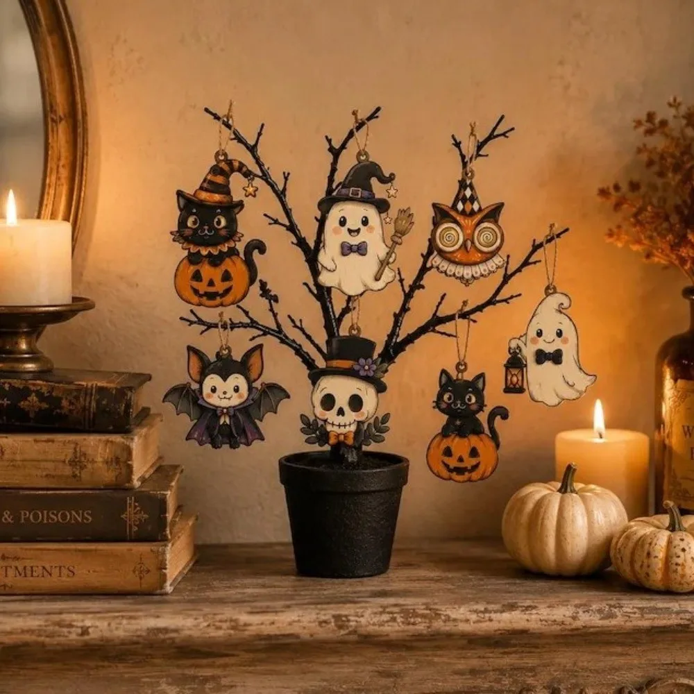 Gothic Style Halloween Hanging Ornament Vintage Pumpkin Halloween Tree Hanging Ghost Pattern Cartoon Pattern