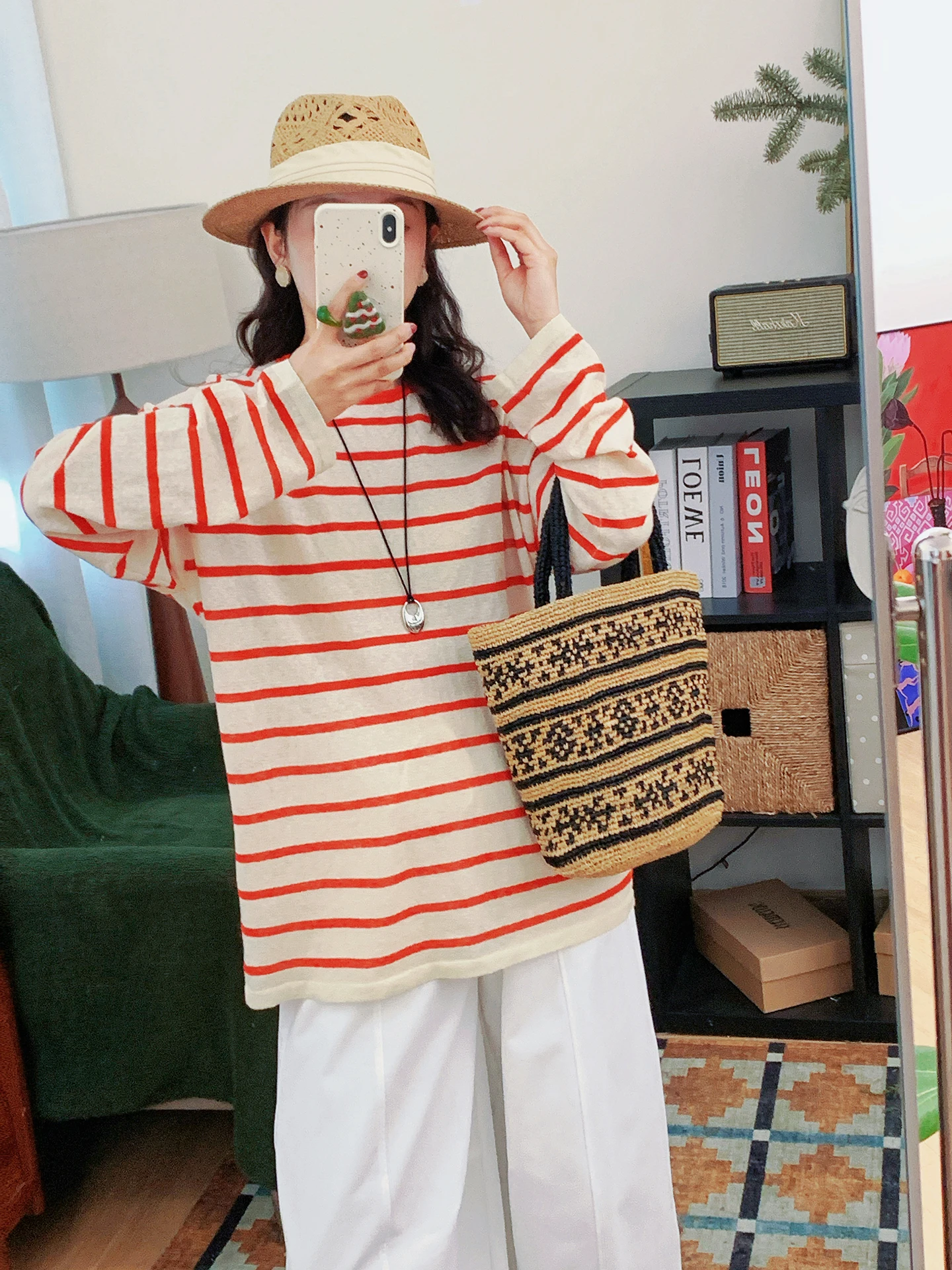 

Women's Striped Knitted Long Sleeve Cotton Linen Blend round Neck Top Breathable Spring Lazy Style Versatile Comfortable Fit