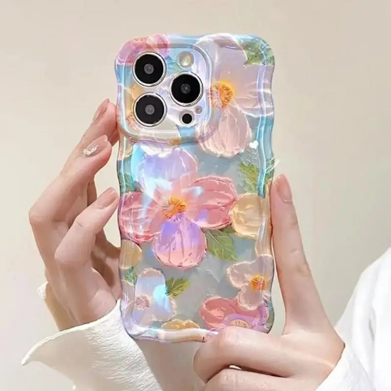 Phone Case Colorful Retro Oil Painting Flower Protective Phone Case Cute Curly Wave Frame TPU Compact Case For Cell Phones