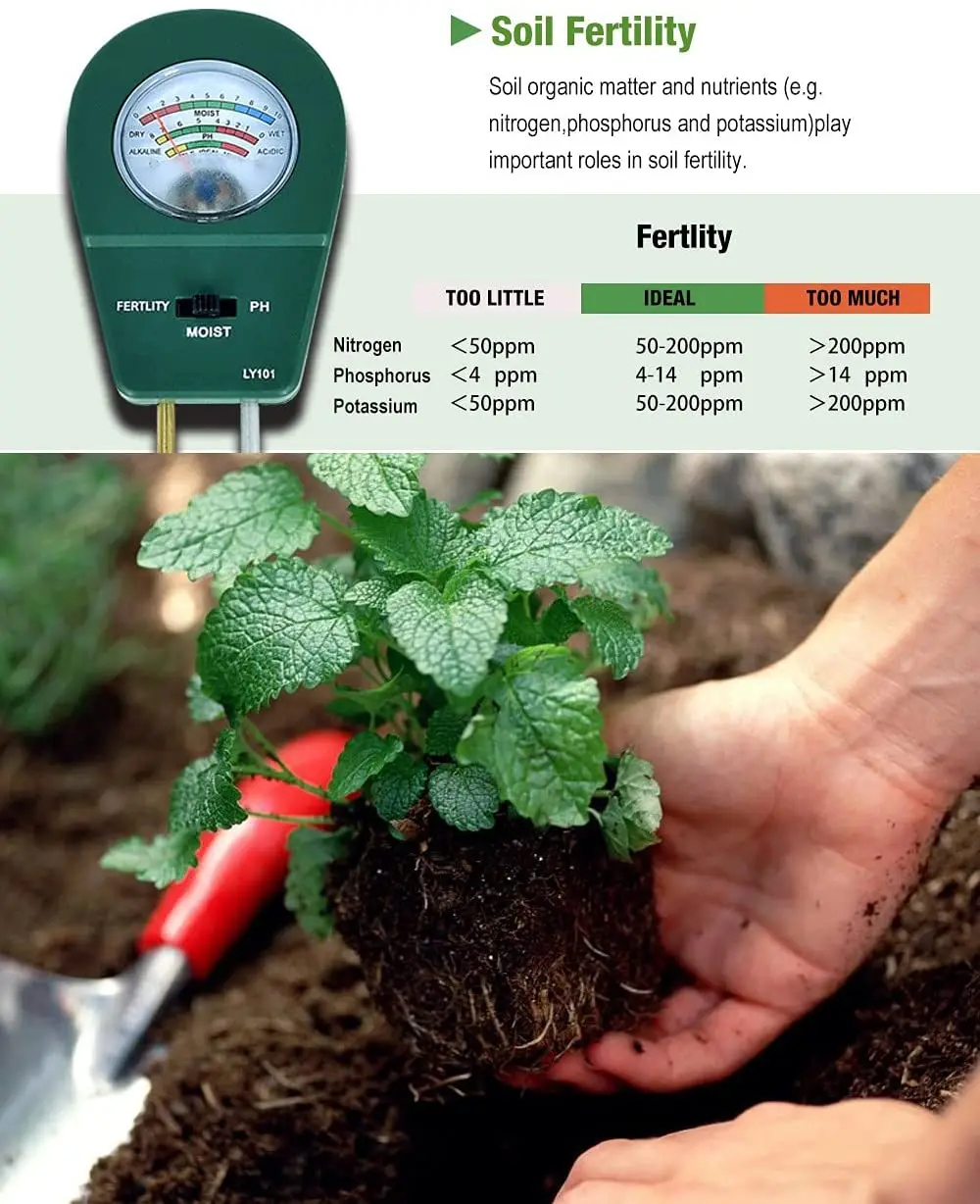 LY101 3 In 1 Soil Moisture Fertility PH Detector Soil PH Meter Hygrometer Soil Analyzer Planting Greenhouse Flower Beds Garden