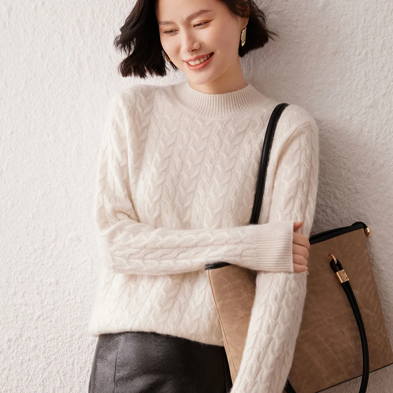 100% سترة الكشمير المعنقة نصف الياقة المدورة المرأة البلوز سترة الخريف الشتاء جديد الثقيلة الحرفية كابل متماسكة سترة طويلة الأكمام #5