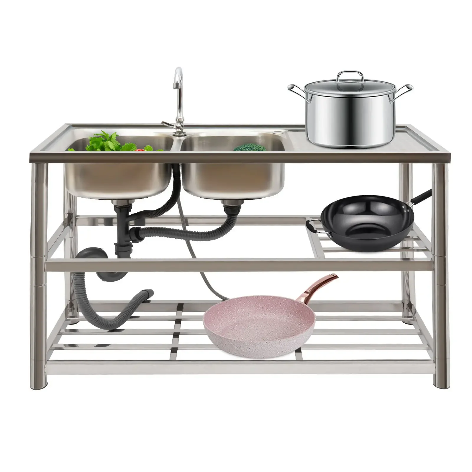 독립형 스테인리스 스틸 싱크대, 싱크대 포함 주방 싱크대 캐비닛 및 360도 회전 싱크대 °   수도꼭지, 상업용 싱크대 완전한 싱크대 냉온수