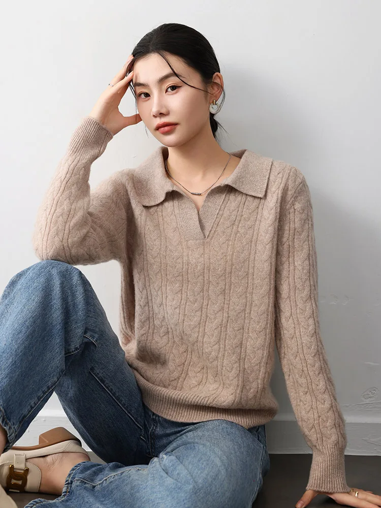 

Новая модная женская кофта из 100% мериносовой шерсти, осенне-зимний вязаный пуловер-поло, женская новая блузка, одежда с длинным рукавом, топы