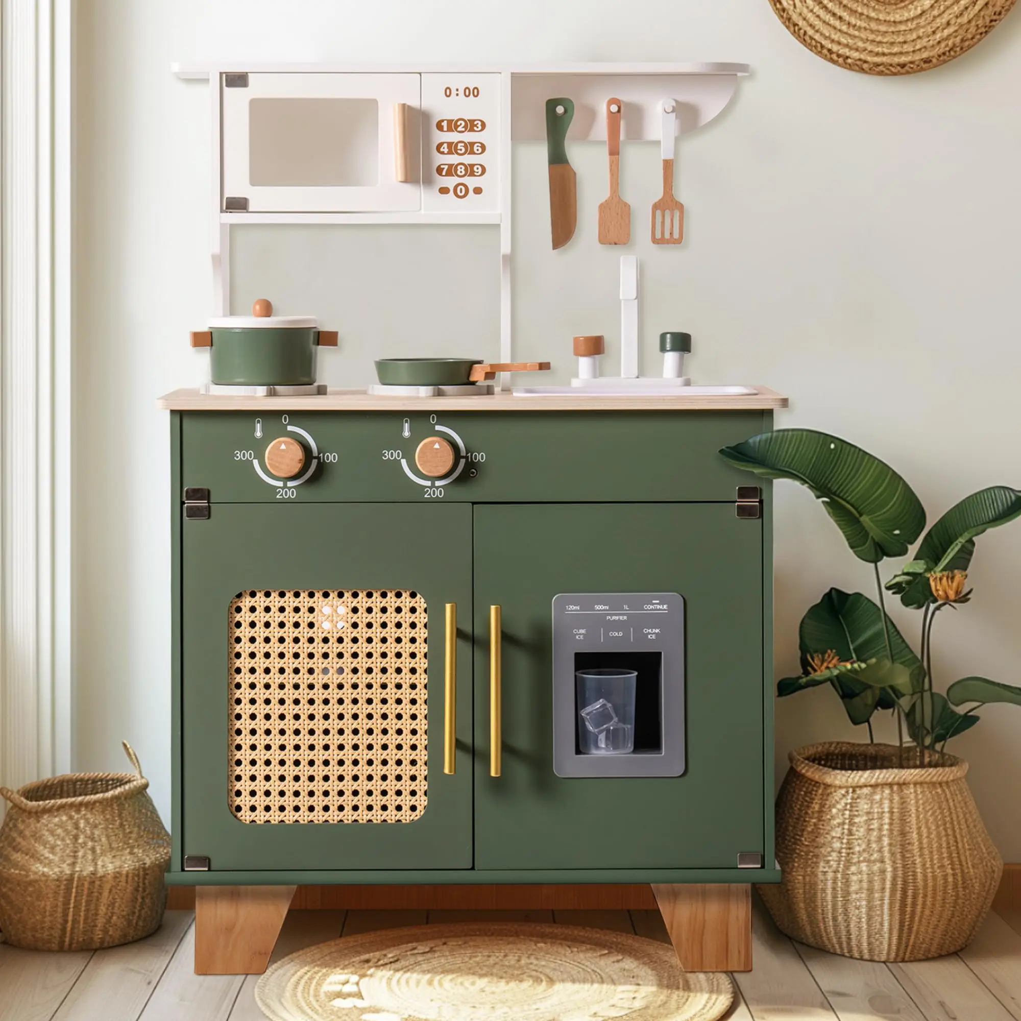 ROBOTIME Dapur Bermain dengan Dispenser Es Batu Pura-pura, Set Permainan Dapur Anak Kayu, Set Dapur Mainan untuk Balita (Hijau Antik)