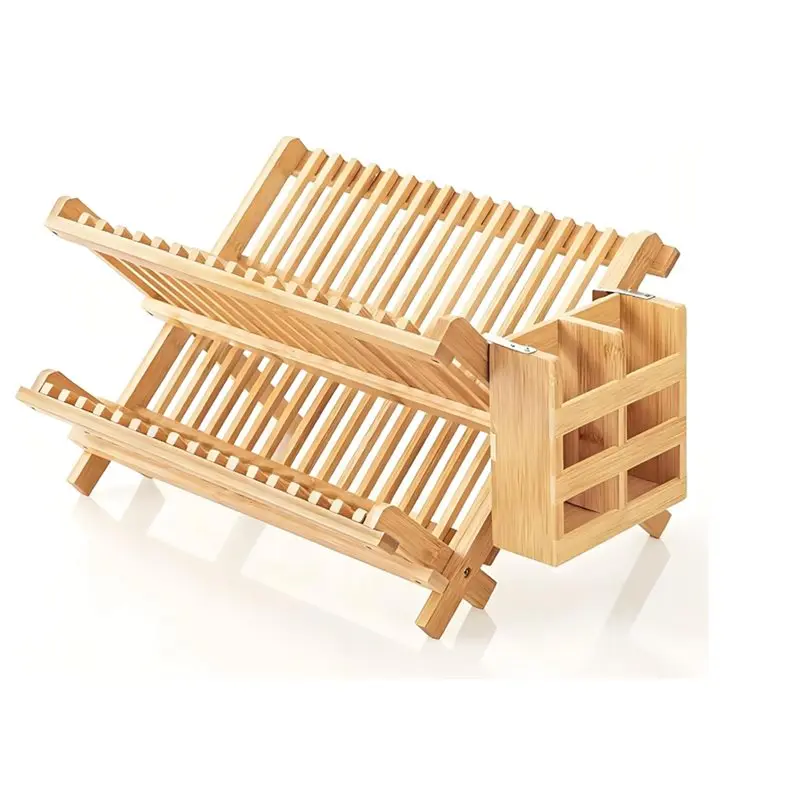 

A84E-Wooden Dish Drainer With Foldable Space-For Dishes, Plates 2-Tier Bamboo Dish Drying Rack For Kitchen Counter