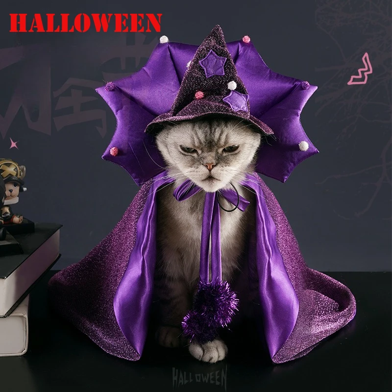 Cape de sorcière pour animaux de compagnie, étoile drôle, tissu doux, violet, Halloween, Costume de sorcière pour chien, chat, démon, chapeau magique, Costume Cos