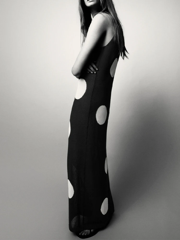 

European and American style summer new women's clothing fashionable large polka dot print sleeveless knitted long slim dress