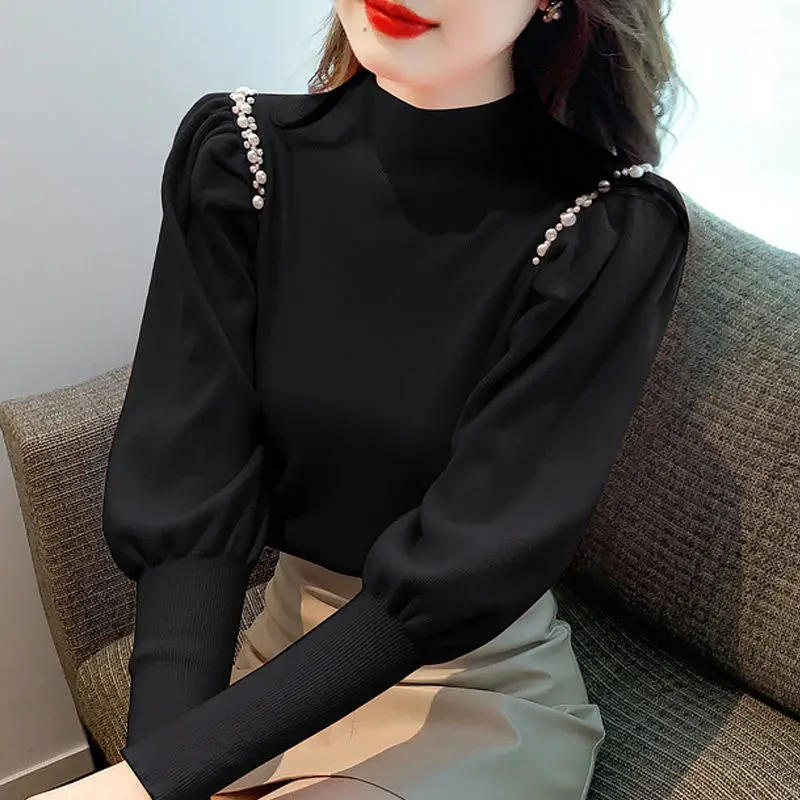 Elegant Half High Collar Knitted Tops Women\'s Clothing Autumn Winter Fashion Beading Spliced Solid Color Sweaters for Female